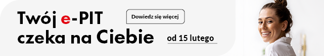 Baner, po lewej stronie napis na białym tle "Twój e-PIT ceka na Ciebie od 15 lutego". Po prawej stronie uśmiechnięta kobieta spoglądająca przez lewe ramię. 