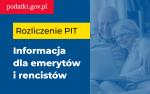 Niebieskie tło. Po prawej stronie starsi kobieta i mężczyzna z tabletem na kolanach. Po lewej stronie napisy: podatki.gov.pl Rozliczenie PIT Informacja dla emerytów i rencistów