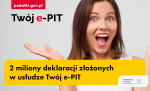 Na grafice widoczna jest uśmiechnięta kobieta z szeroko otwartymi ustami i wyciągniętymi dłońmi, obok duży napis „Twój e-PIT